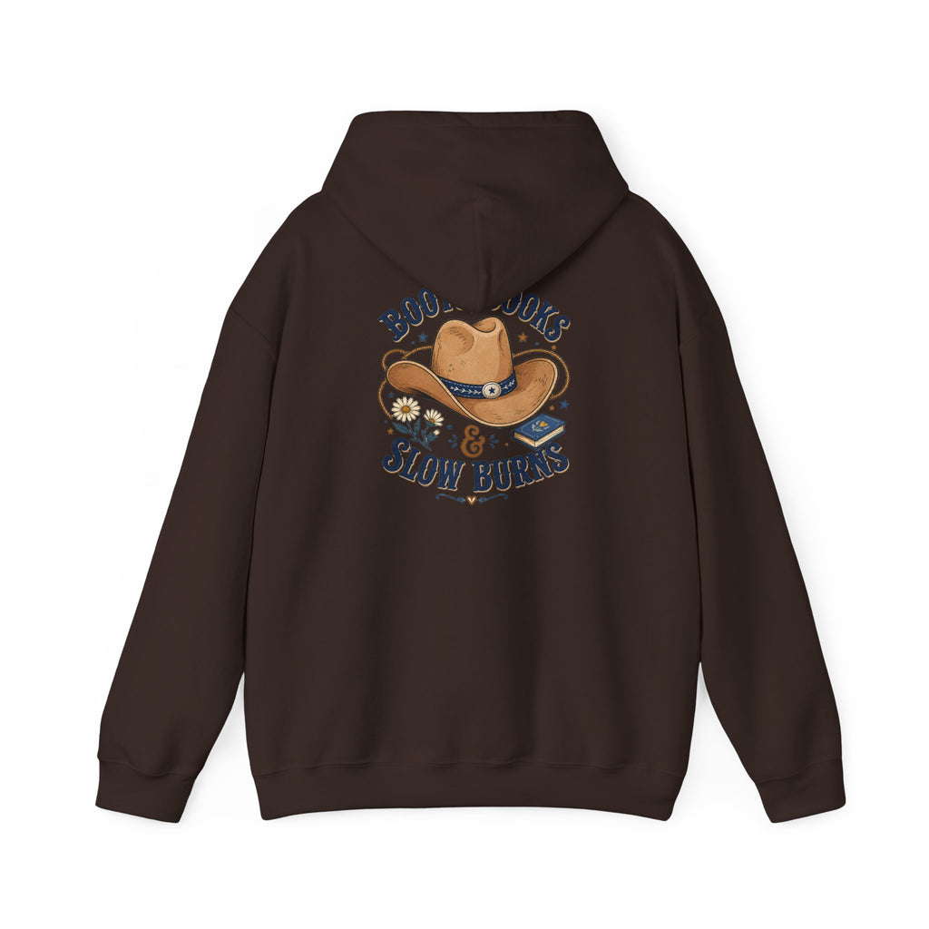 Cowboy Hat Hoodie — "Boots Books & Slow Burns" Western Romance Pullover