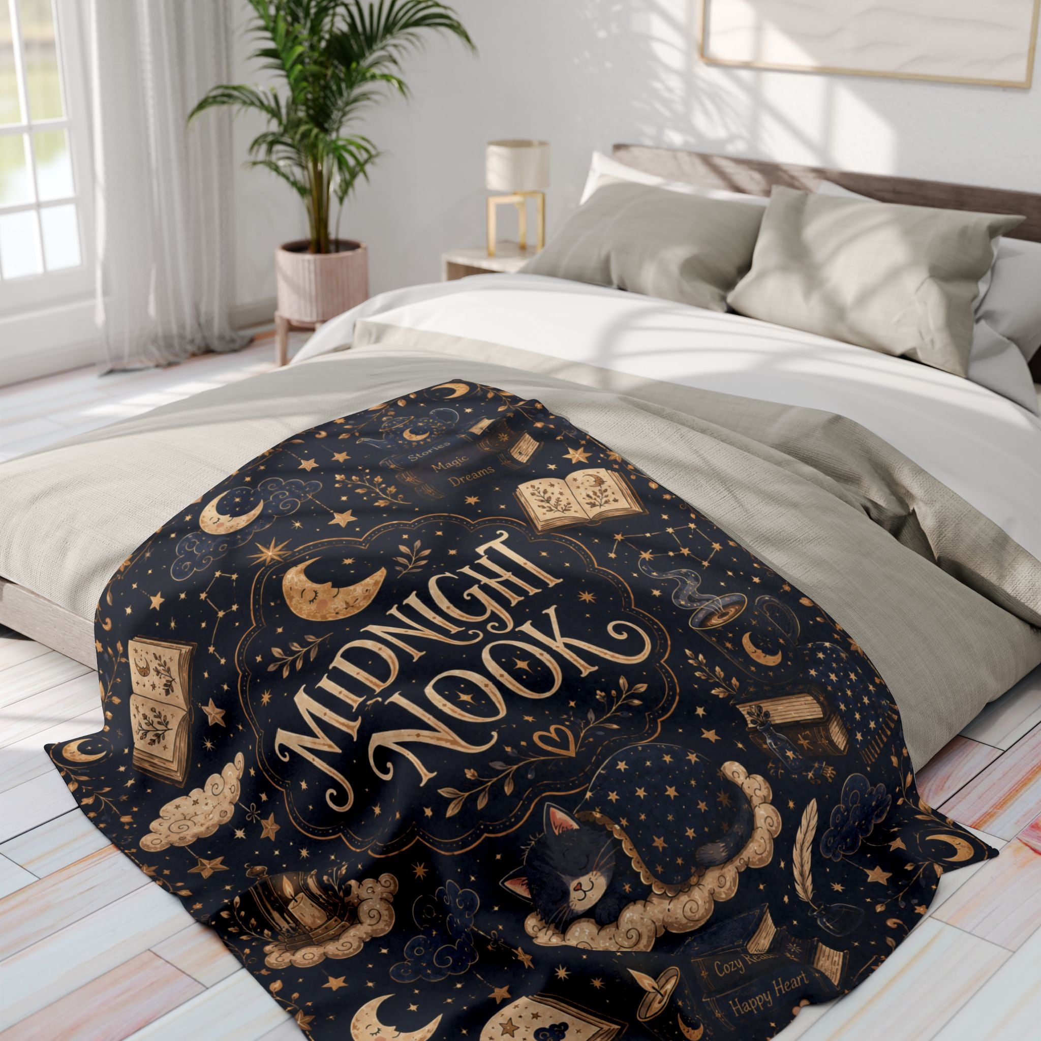 Midnight Nook Fleece Blanket — Cozy Bookish Throw with Moon & Stars