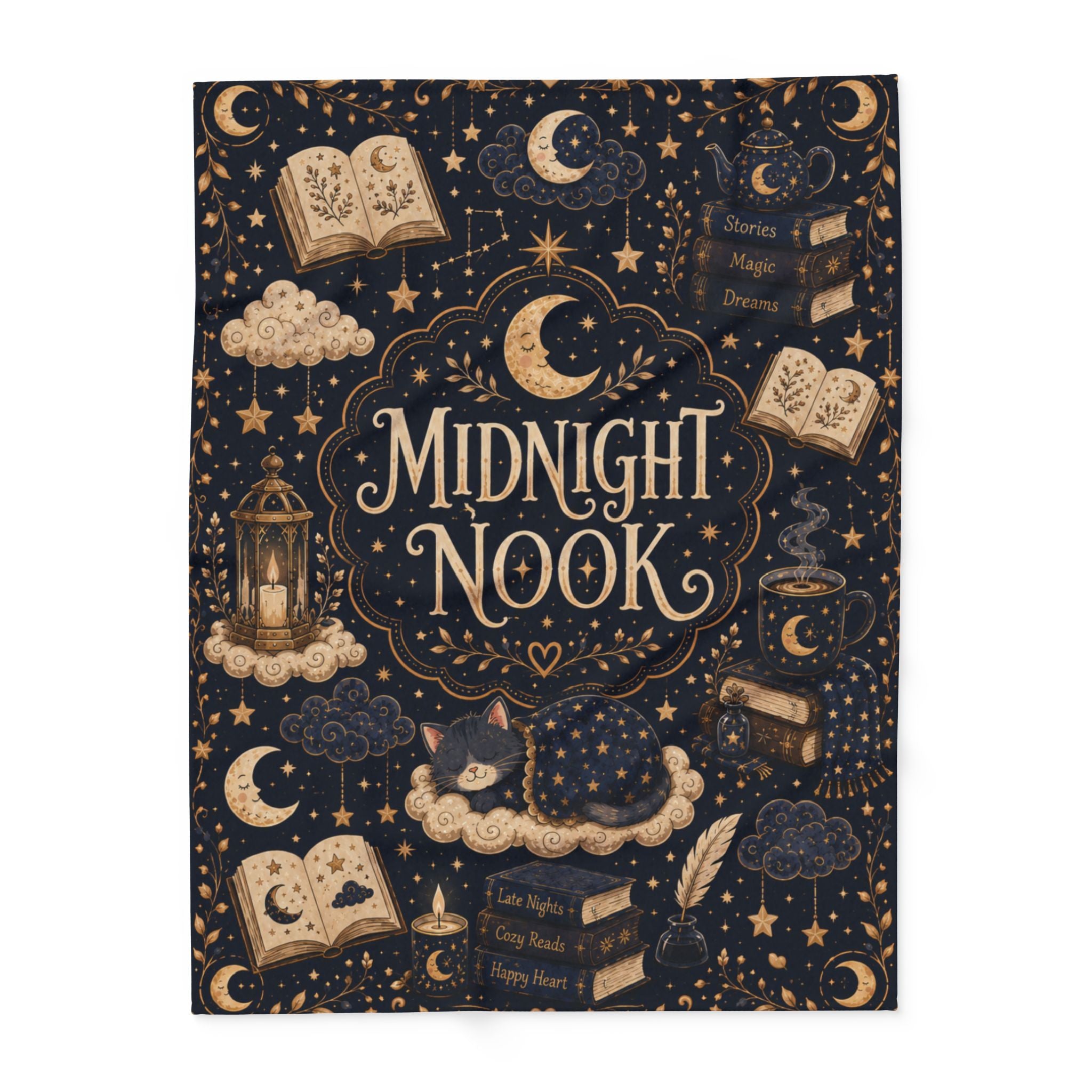 Midnight Nook Fleece Blanket — Cozy Bookish Throw with Moon & Stars