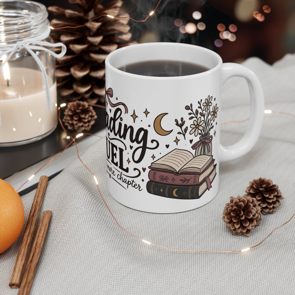 Reading Fuel Mug – Cozy Book Lover Coffee Cup ("Reading Fuel for one more chapter")