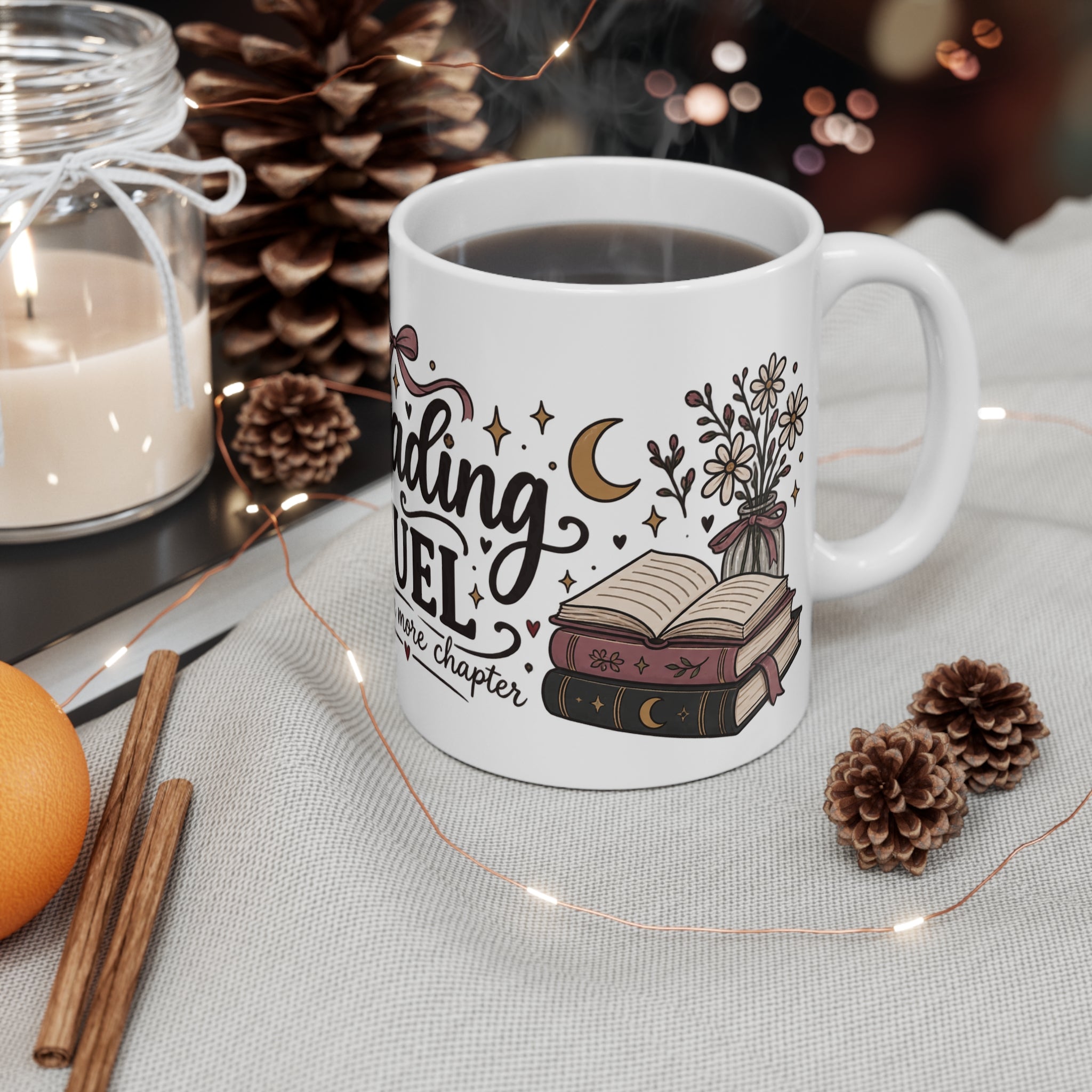 Reading Fuel Mug – Cozy Book Lover Coffee Cup ("Reading Fuel for one more chapter")