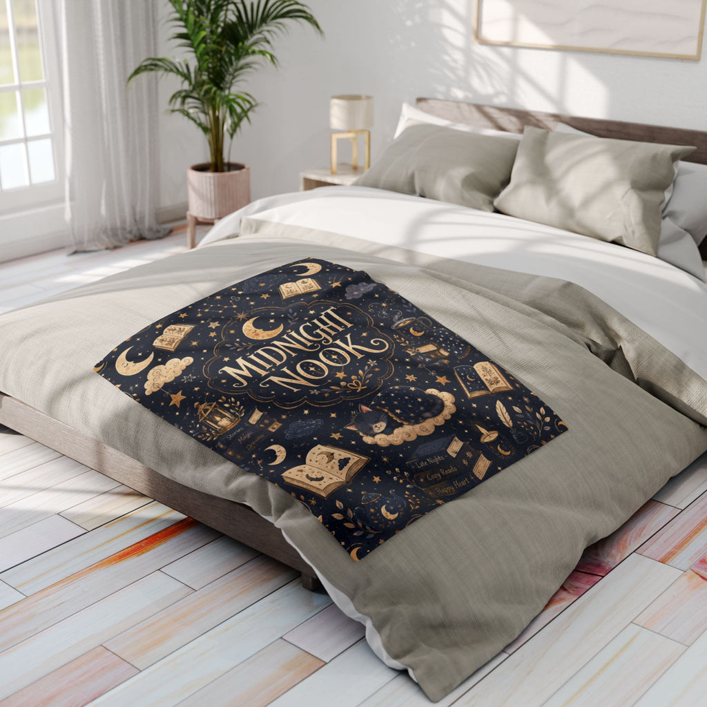 Midnight Nook Fleece Blanket — Cozy Bookish Throw with Moon & Stars