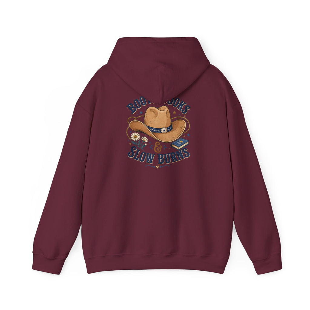 Cowboy Hat Hoodie — "Boots Books & Slow Burns" Western Romance Pullover