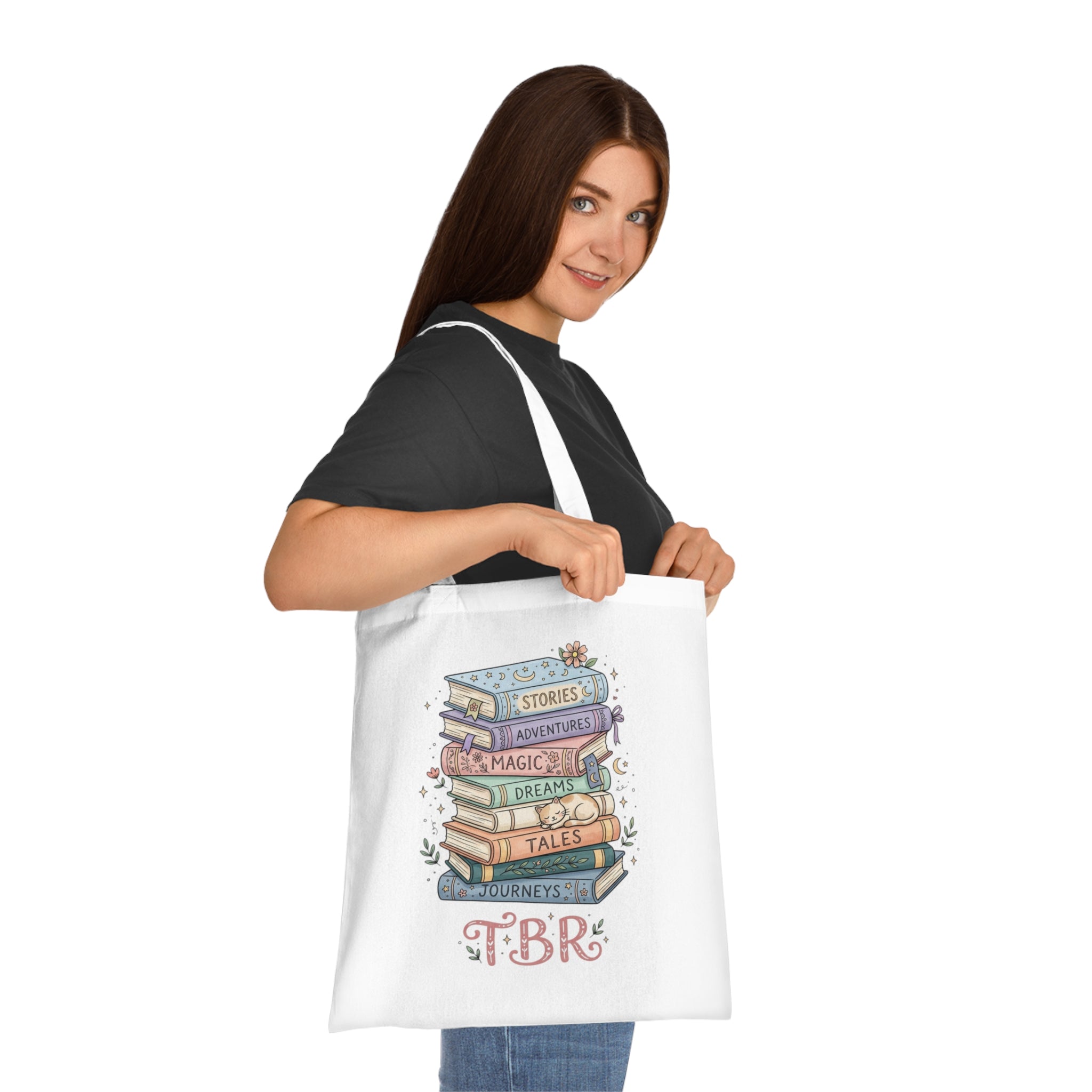 Book Lover Cotton Tote — “Just One More Book” TBR Stack Tote