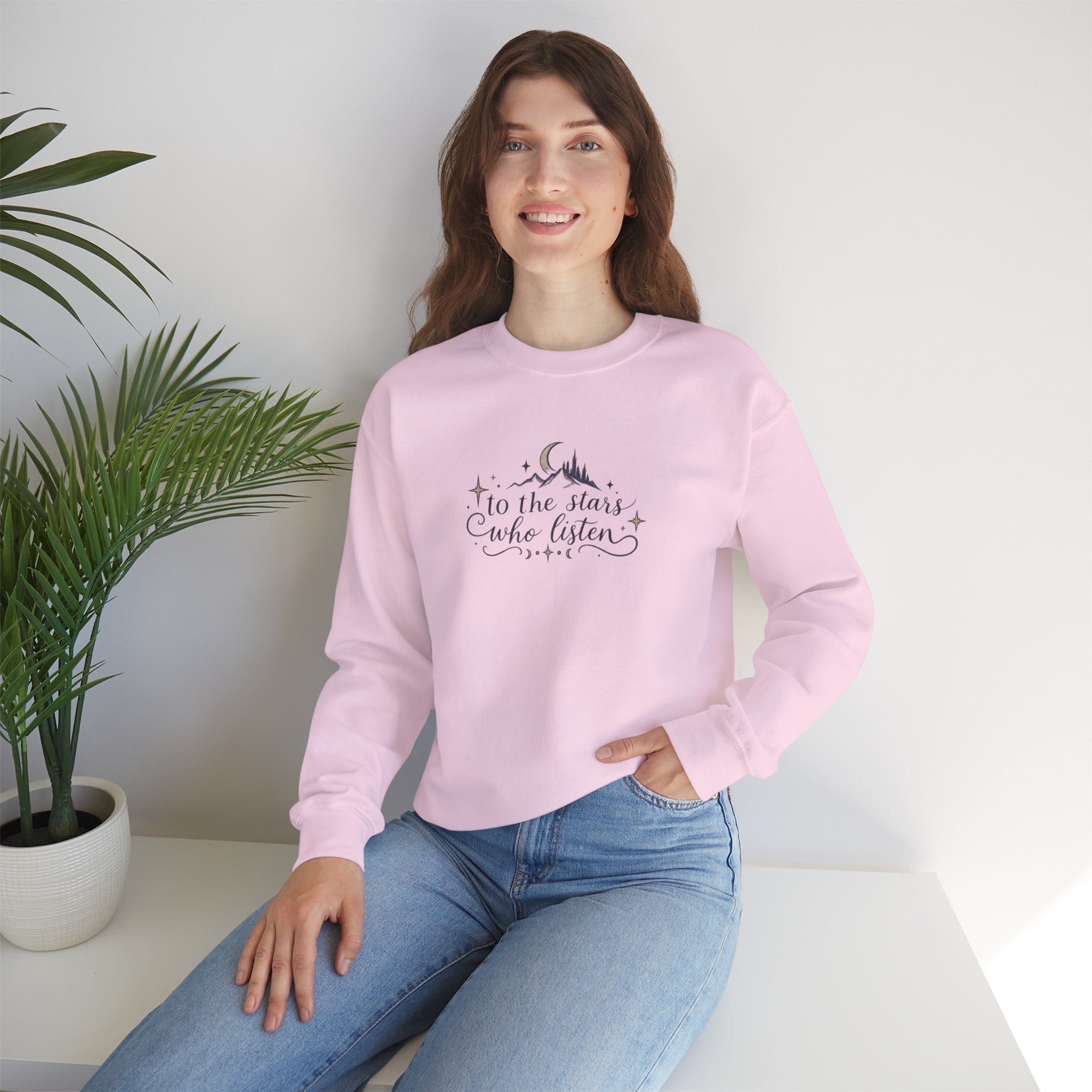 Crewneck Sweatshirt — “To the Stars Who Listen” Minimalist Mountain Moon Graphic