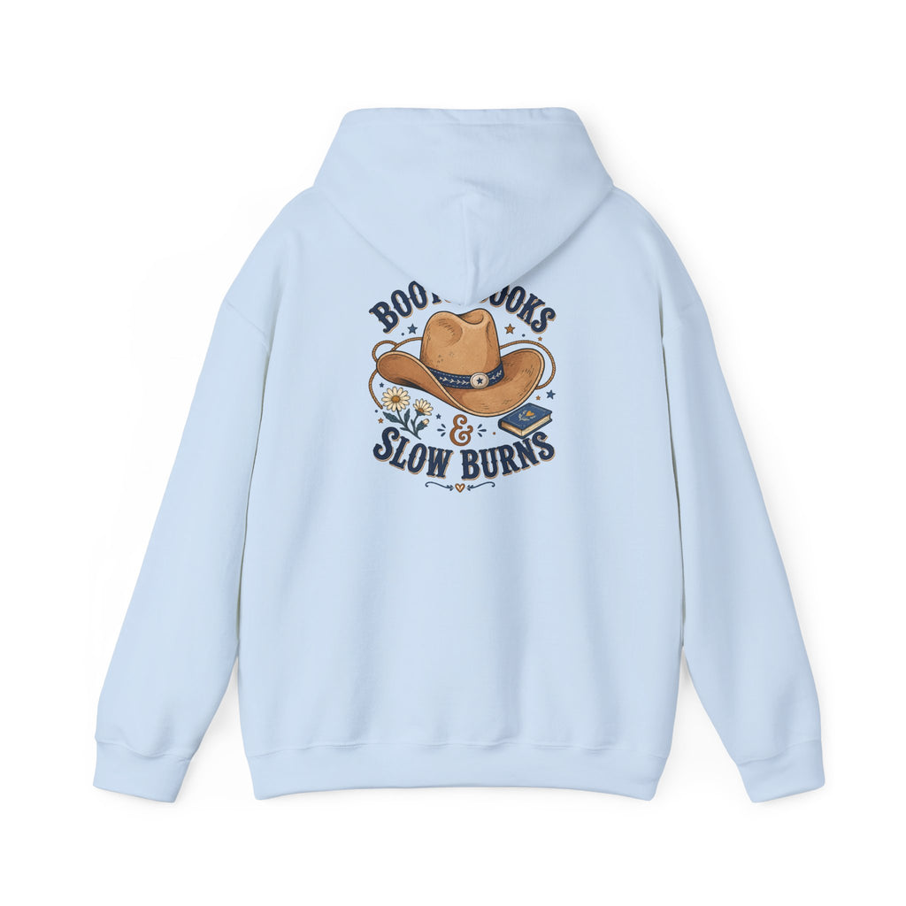 Cowboy Hat Hoodie — "Boots Books & Slow Burns" Western Romance Pullover