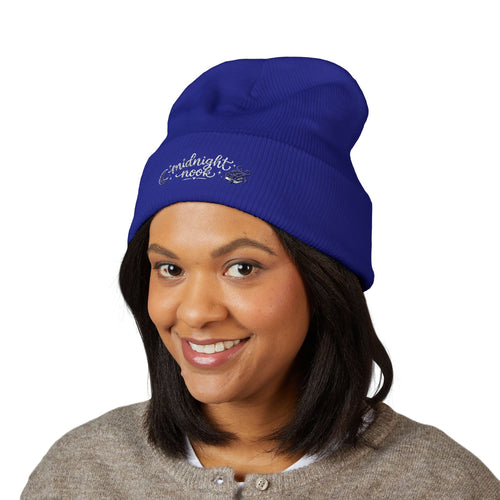 Midnight Moon Embroidered Beanie — Cozy Cuffed Winter Hat