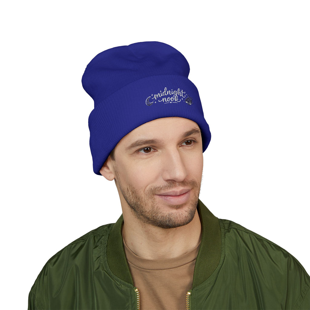 Midnight Moon Embroidered Beanie — Cozy Cuffed Winter Hat