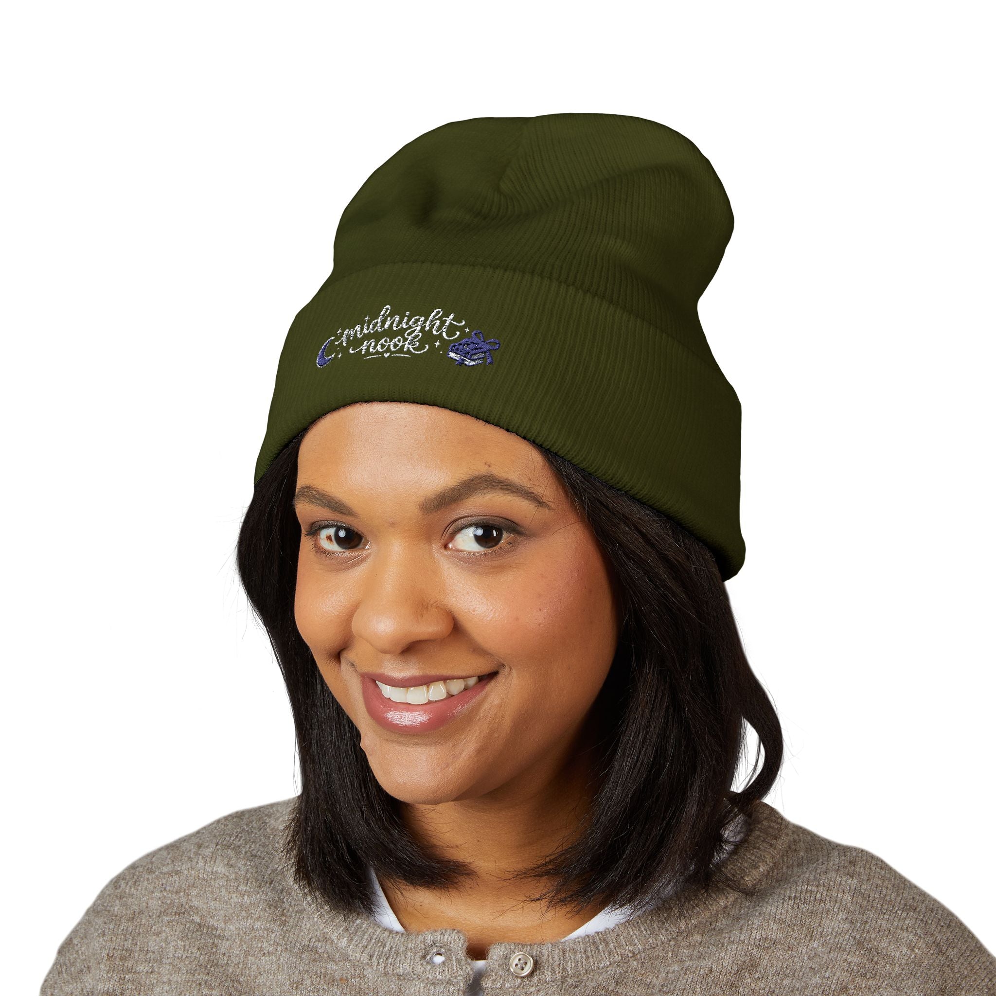 Midnight Moon Embroidered Beanie — Cozy Cuffed Winter Hat