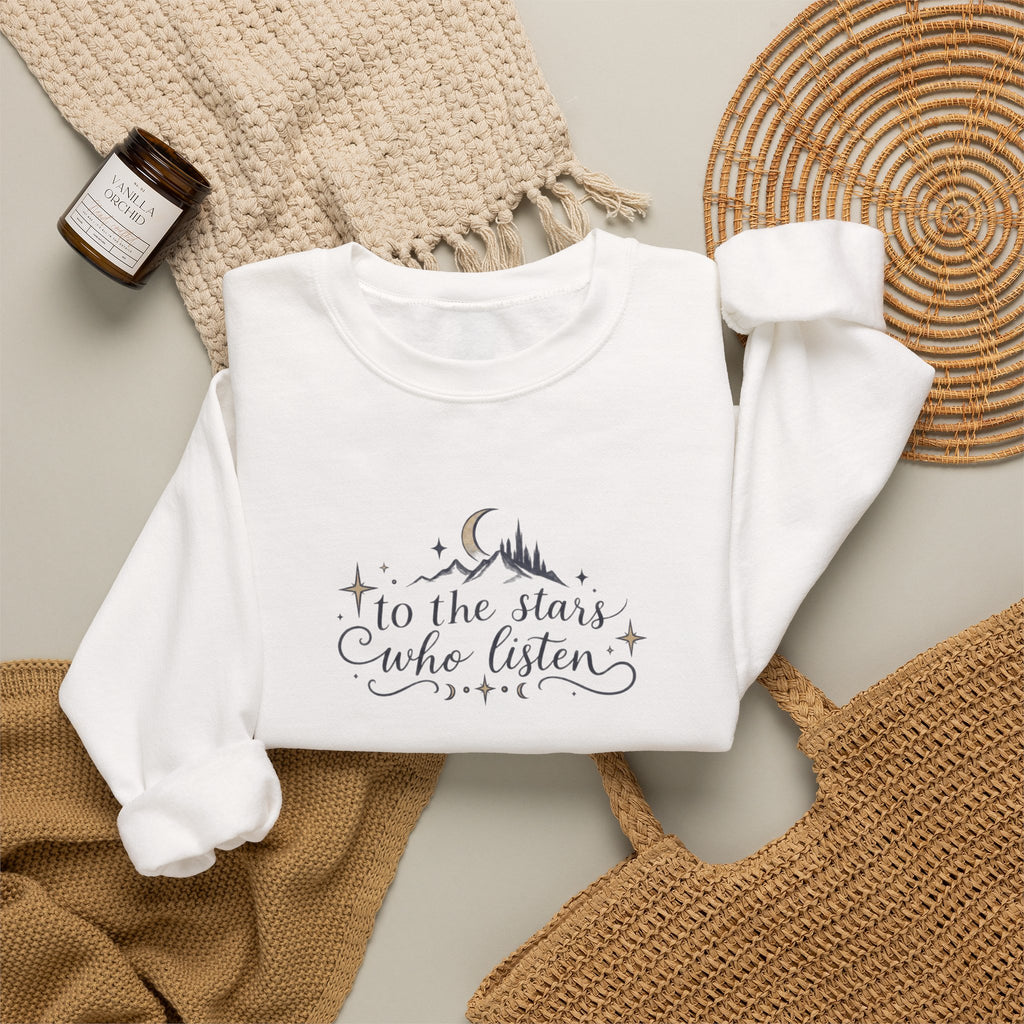 Crewneck Sweatshirt — “To the Stars Who Listen” Minimalist Mountain Moon Graphic