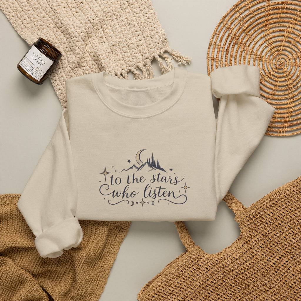 Crewneck Sweatshirt — “To the Stars Who Listen” Minimalist Mountain Moon Graphic