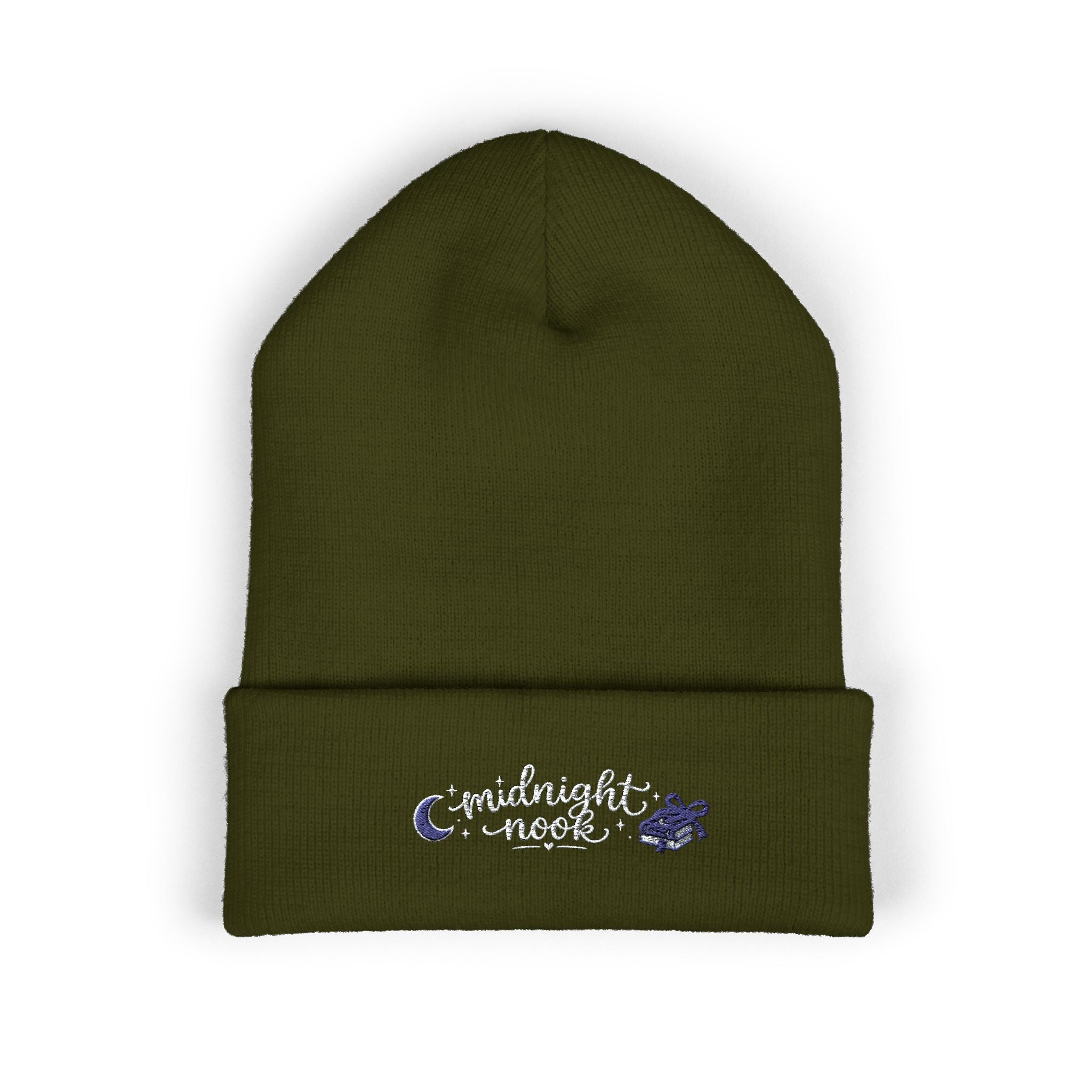 Midnight Moon Embroidered Beanie — Cozy Cuffed Winter Hat