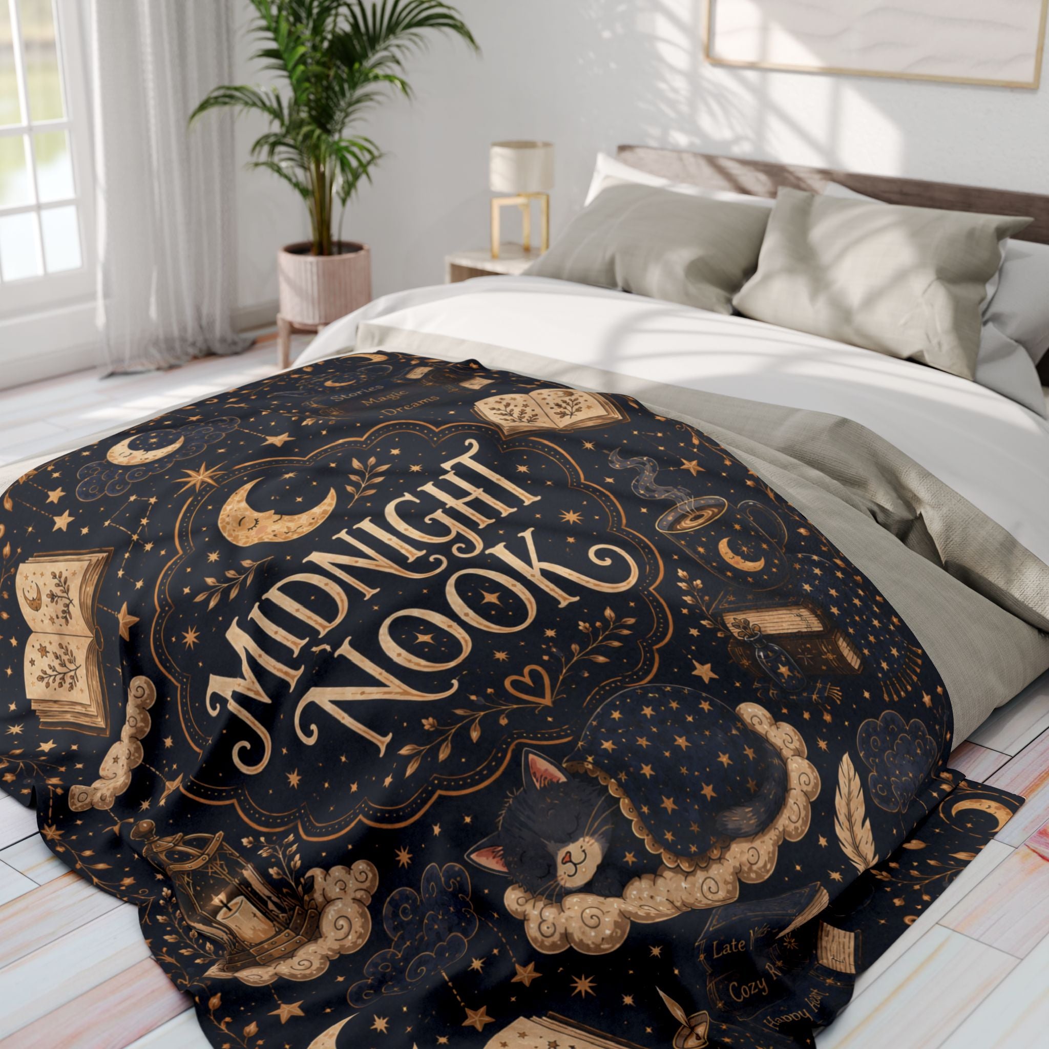 Midnight Nook Fleece Blanket — Cozy Bookish Throw with Moon & Stars