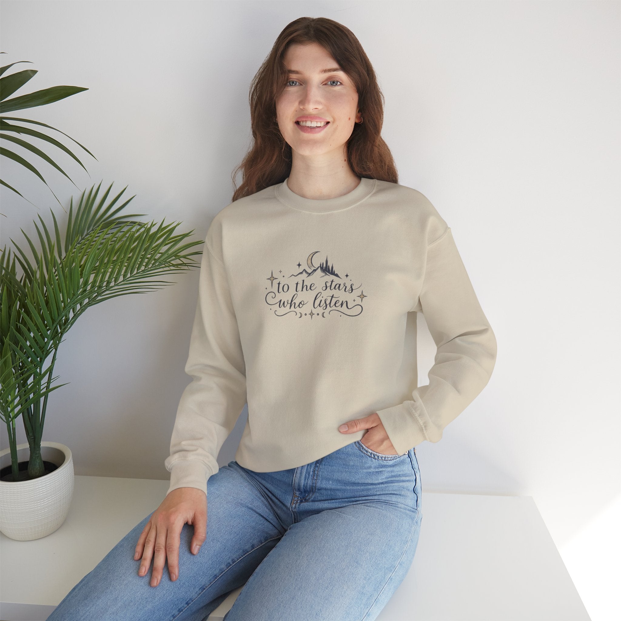 Crewneck Sweatshirt — “To the Stars Who Listen” Minimalist Mountain Moon Graphic