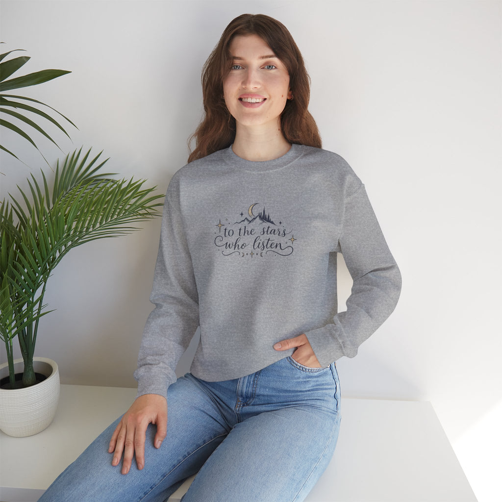 Crewneck Sweatshirt — “To the Stars Who Listen” Minimalist Mountain Moon Graphic