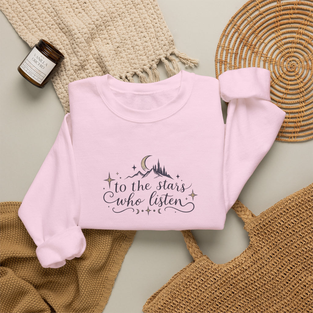 Crewneck Sweatshirt — “To the Stars Who Listen” Minimalist Mountain Moon Graphic