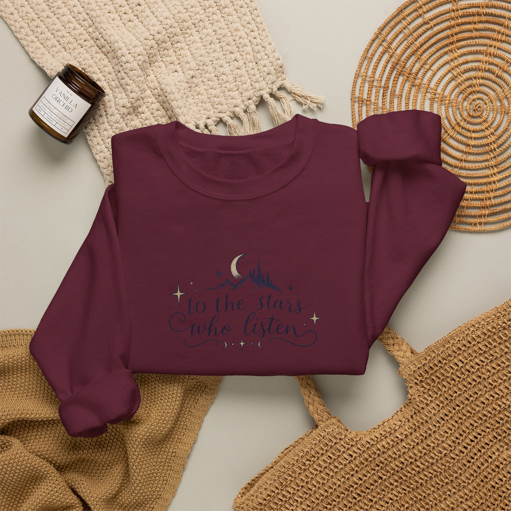 Crewneck Sweatshirt — “To the Stars Who Listen” Minimalist Mountain Moon Graphic