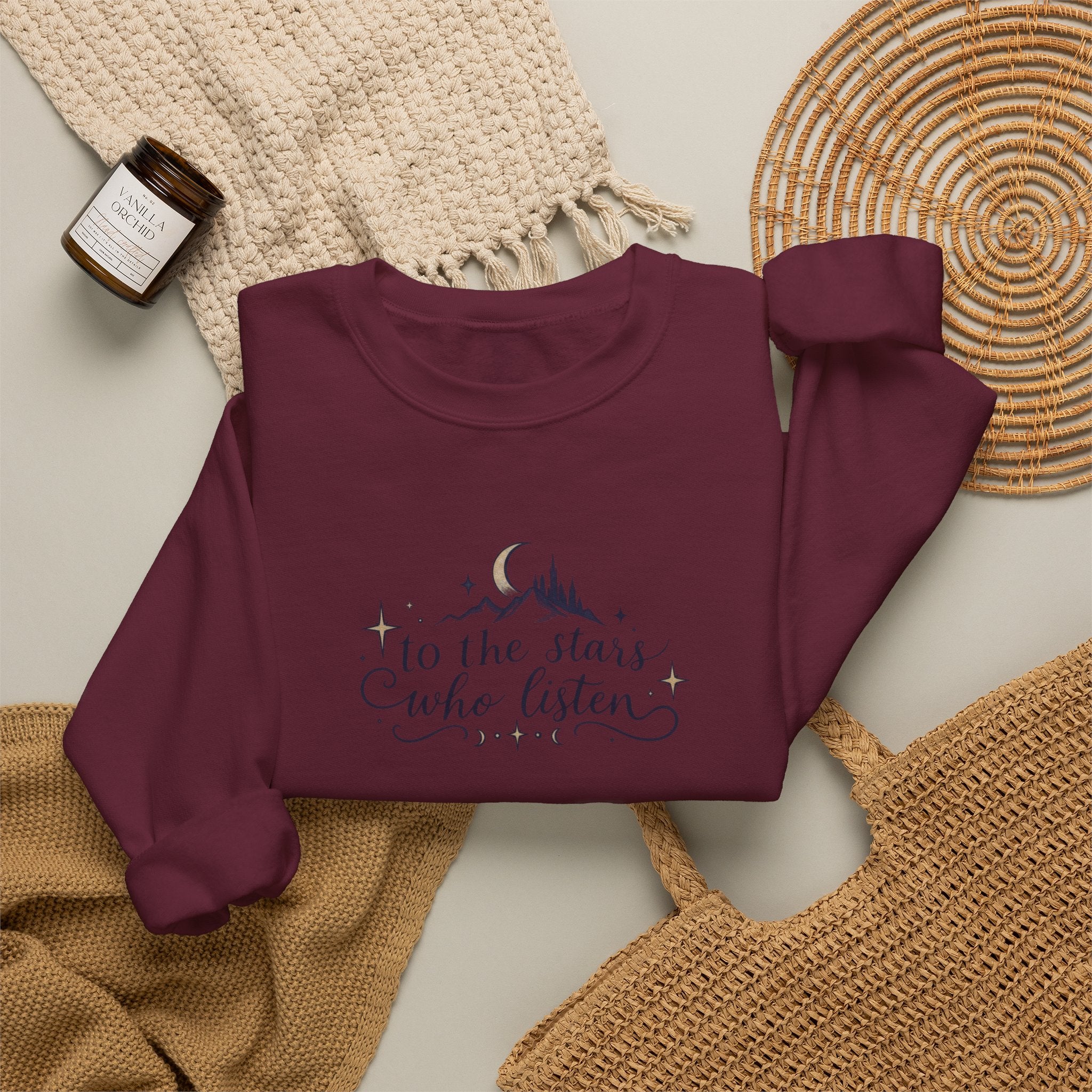 Crewneck Sweatshirt — “To the Stars Who Listen” Minimalist Mountain Moon Graphic