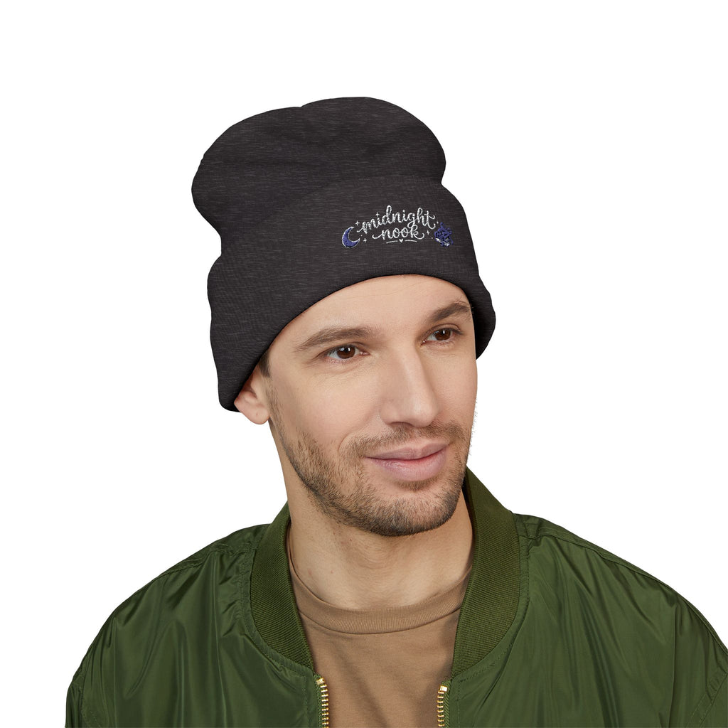 Midnight Moon Embroidered Beanie — Cozy Cuffed Winter Hat