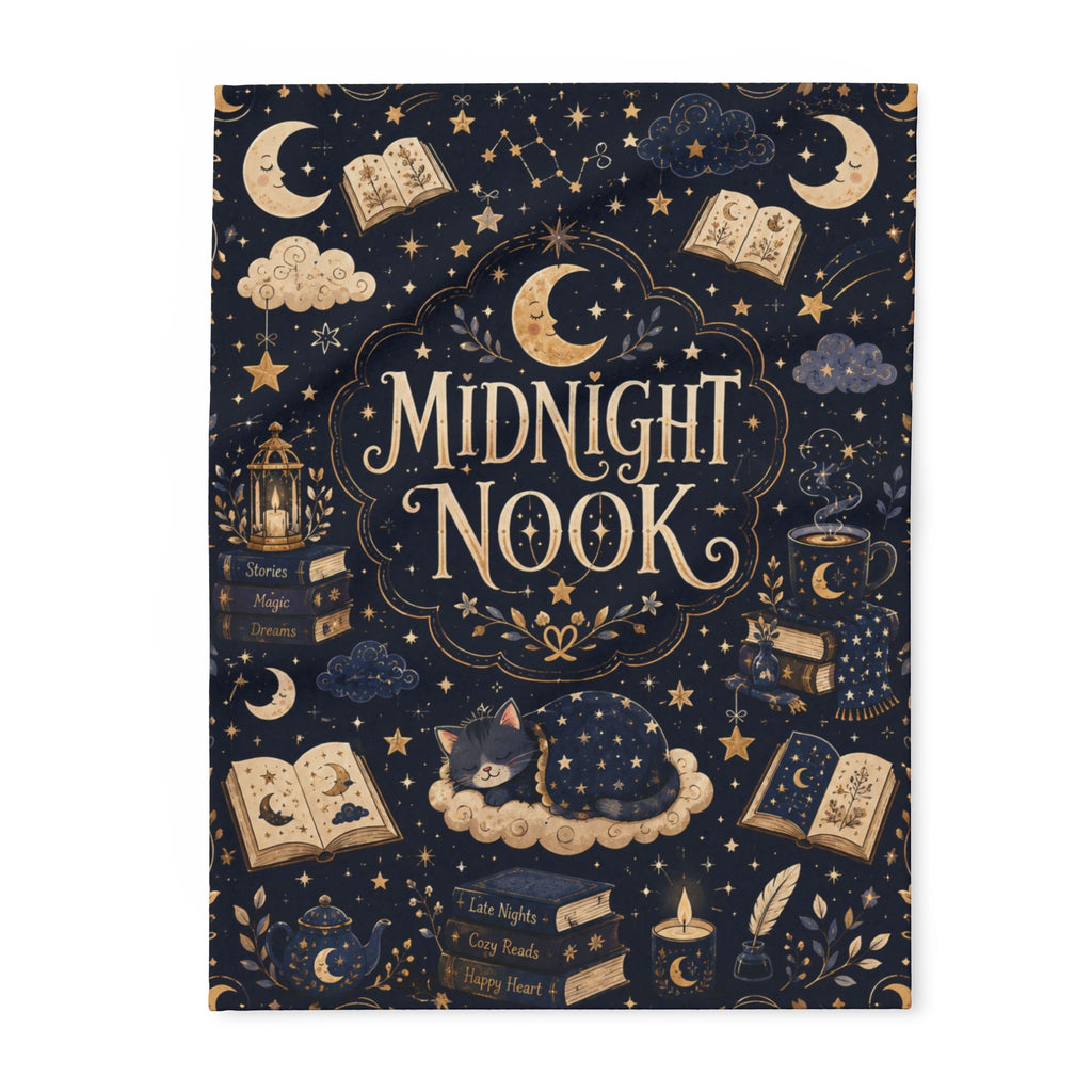 Midnight Nook Fleece Blanket — Cozy Bookish Throw with Moon & Stars