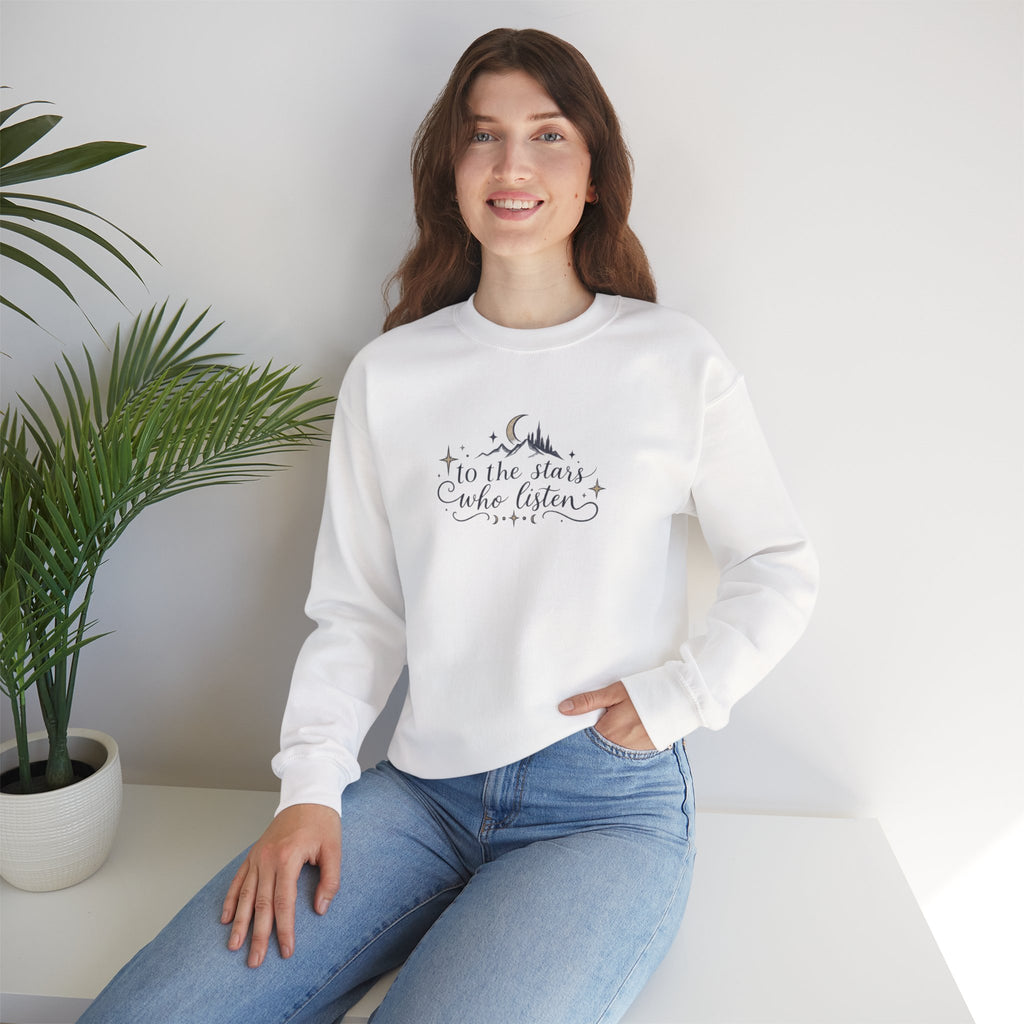 Crewneck Sweatshirt — “To the Stars Who Listen” Minimalist Mountain Moon Graphic