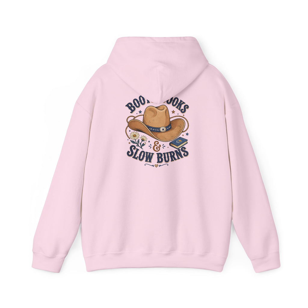 Cowboy Hat Hoodie — "Boots Books & Slow Burns" Western Romance Pullover