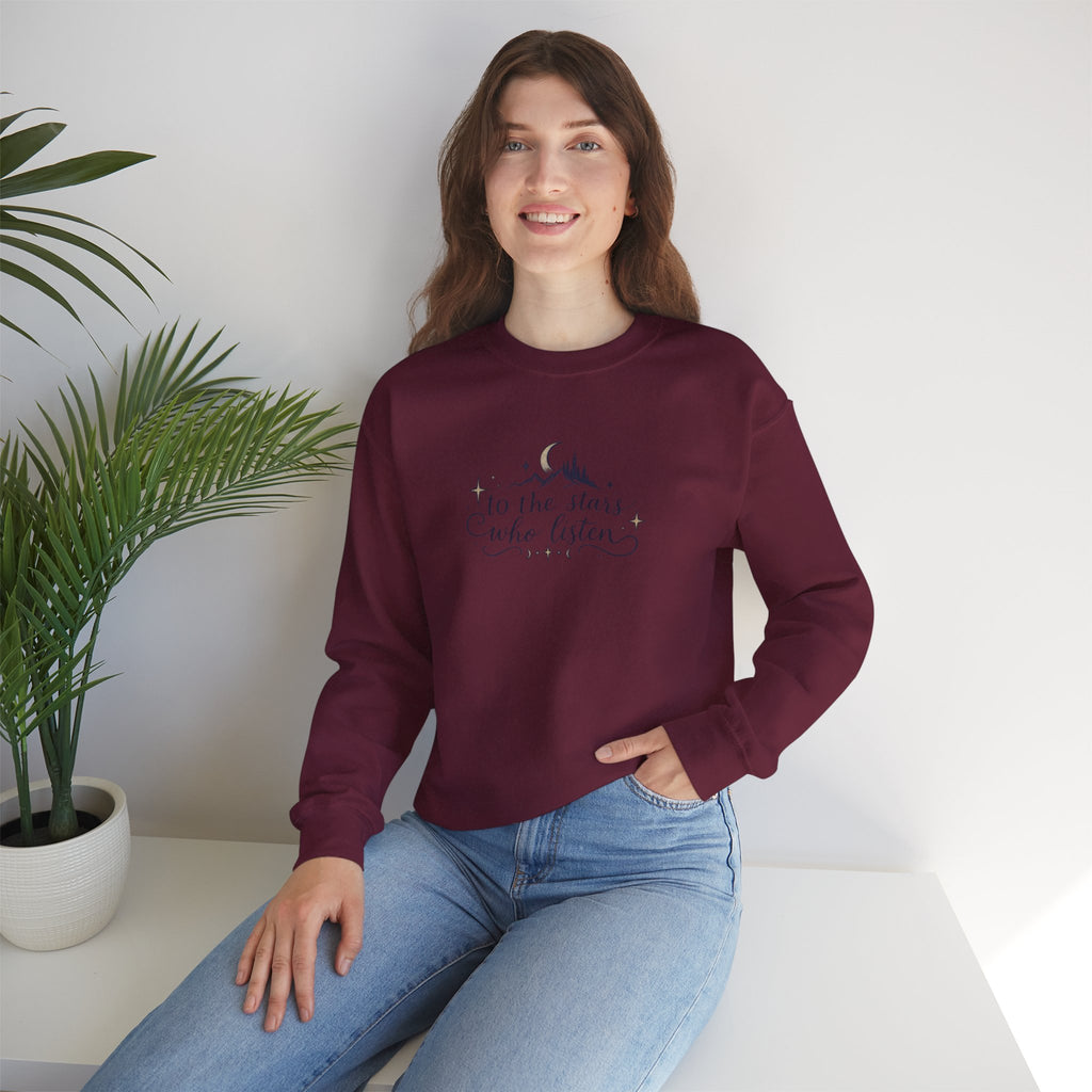 Crewneck Sweatshirt — “To the Stars Who Listen” Minimalist Mountain Moon Graphic