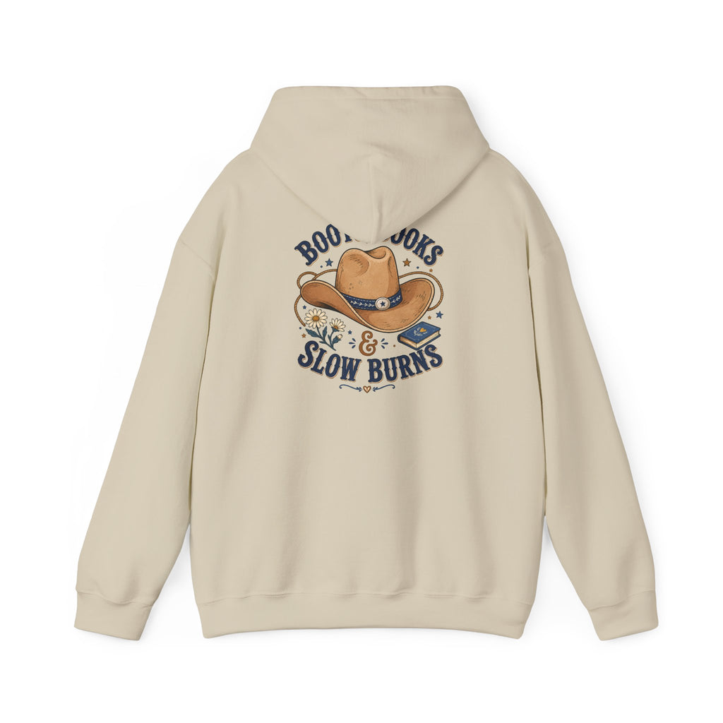 Cowboy Hat Hoodie — "Boots Books & Slow Burns" Western Romance Pullover