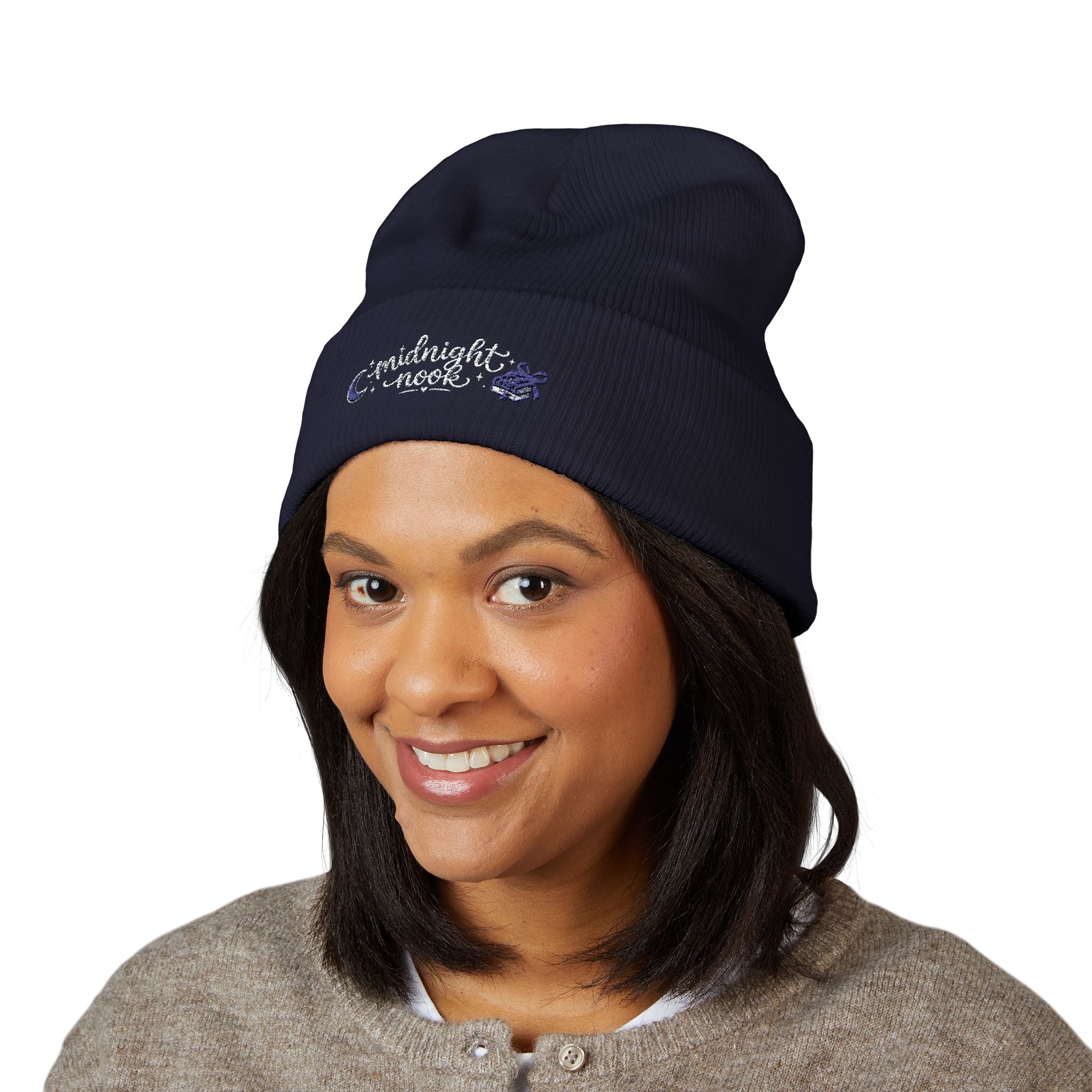 Midnight Moon Embroidered Beanie — Cozy Cuffed Winter Hat