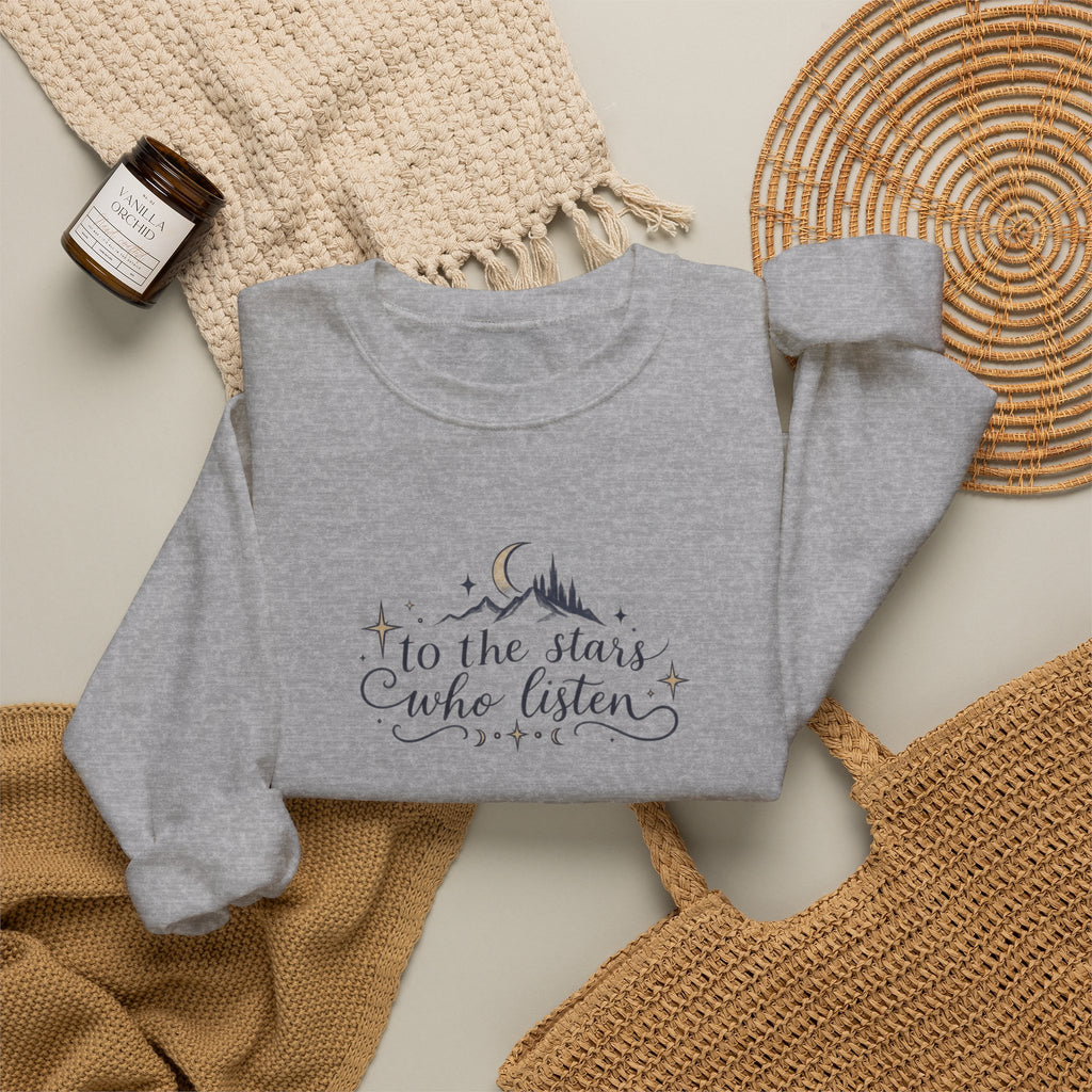 Crewneck Sweatshirt — “To the Stars Who Listen” Minimalist Mountain Moon Graphic